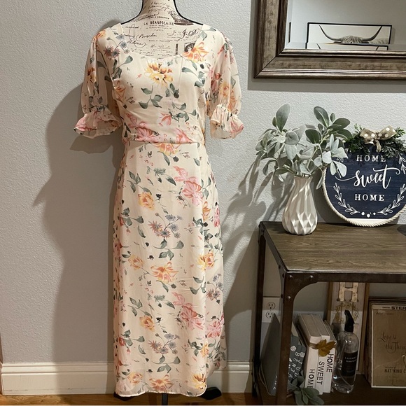 jessakae fleur cream floral slit midi dress spring aummer - Picture 3 of 6